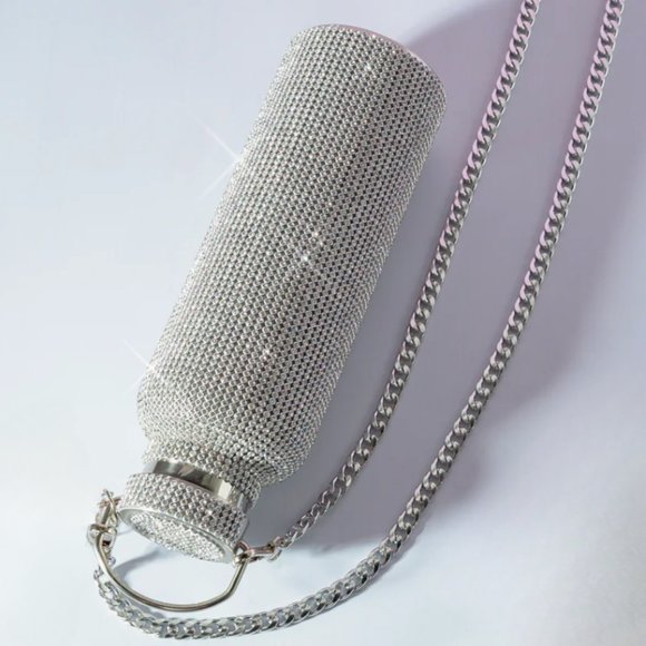 NWT GLAM CRYSTAL RHINESTONE WATER BOTTLE & DETACHABLE CHAIN IRIDESCENT 500ML - Picture 4 of 6